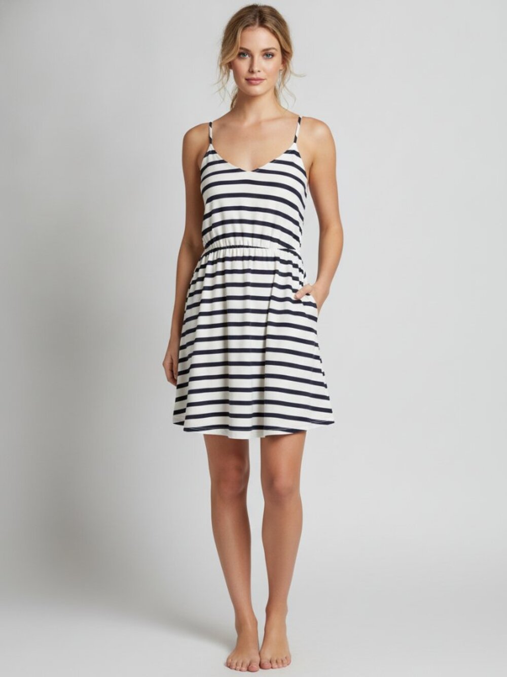LC Lauren Conrad White Dress with Navy Stripe With Pockets sz 6